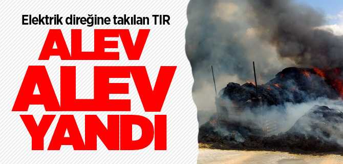 Boğazlıyan'da eletrik direğine takılan tırın dorsesi ve içindeki saman alev alev yandı