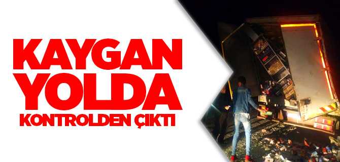 Yağmurda kontrolden çıkan kamyon devrildi